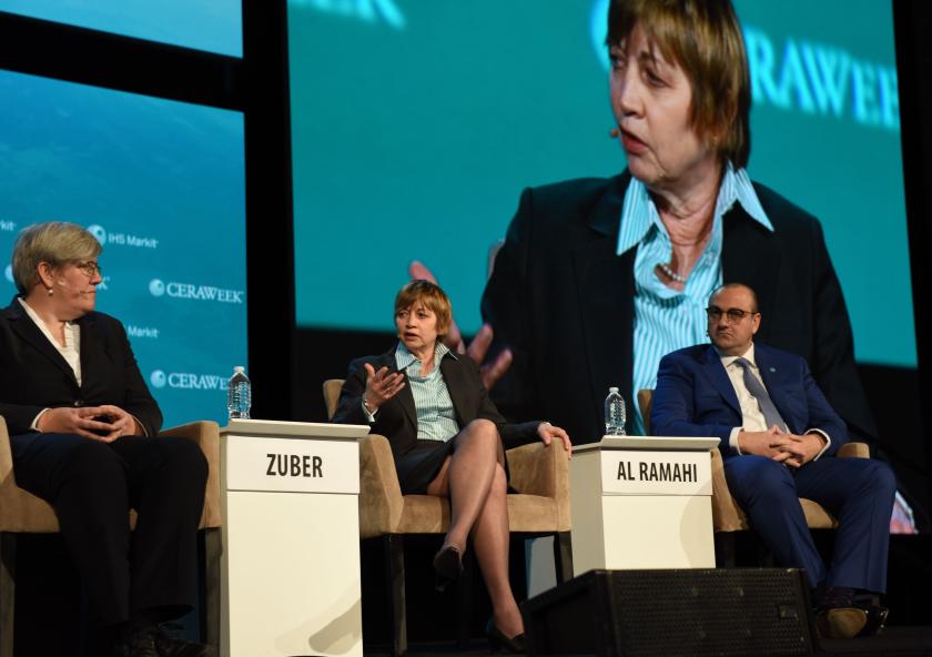 MIT Vice President for Research Maria Zuber takes part in a panel on post-Paris Agreement climate and energy strategies at CERAWeek 2017 in Houston, Texas.Photo: Greg Hamill