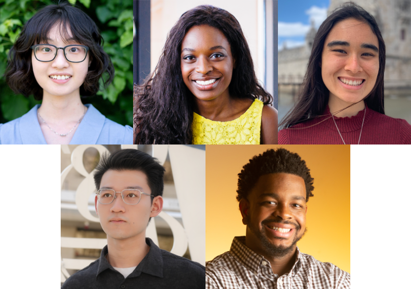 Top row, left to right: Yiyue Luo, Zanele Munyikwa, Michelle Vaccaro. Bottom row, left to right: Chonghuan Wang and Aaron Michael West Jr.
Top row, left to right: Yiyue Luo, Zanele Munyikwa, Michelle Vaccaro. Bottom row, left to right: Chonghuan Wang and Aaron Michael West Jr.