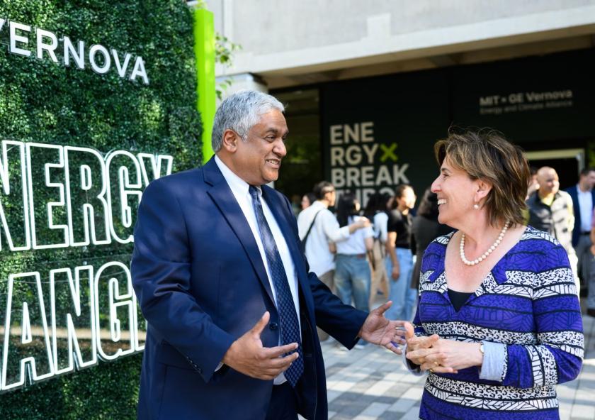 Provost and Chief Innovation and Strategy Officer Anantha Chandrakasan (left) speaks with Massachusetts Secretary of Energy and Environmental Affairs Rebecca Tepper outside Lobby 13.