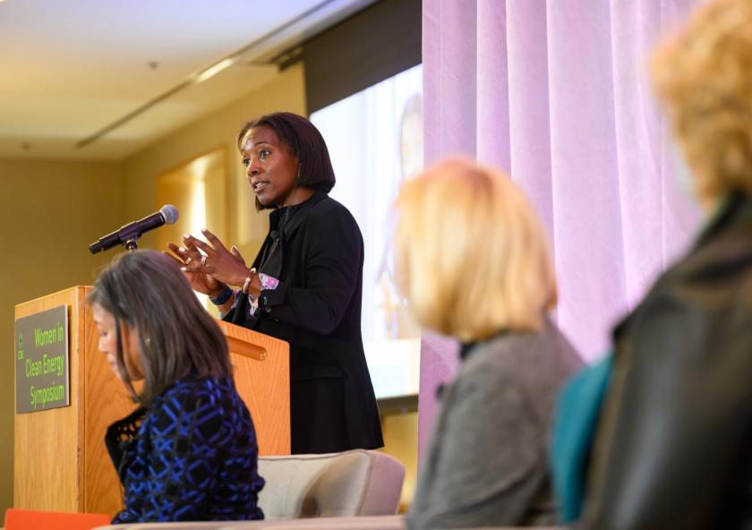 
              Paula Glover, the president of Alliance to Save Energy and a C3E ambassador, speaks on a panel discussing how to strengthen existing policies and implement new ones to accelerate decarbonization.
              Photo: Gretchen Ertl
      