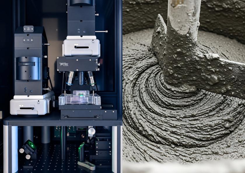 A confocal Raman microscope (left) tracks the chemical evolution of CO₂-injected cement paste samples over 24 hours; the custom stage's quartz window enables the laser to scan from below. Cement paste is the basis for fresh concrete, as pictured at right; CO₂-injected concrete is gaining commercial traction as a material that permanently stores carbon dioxide.