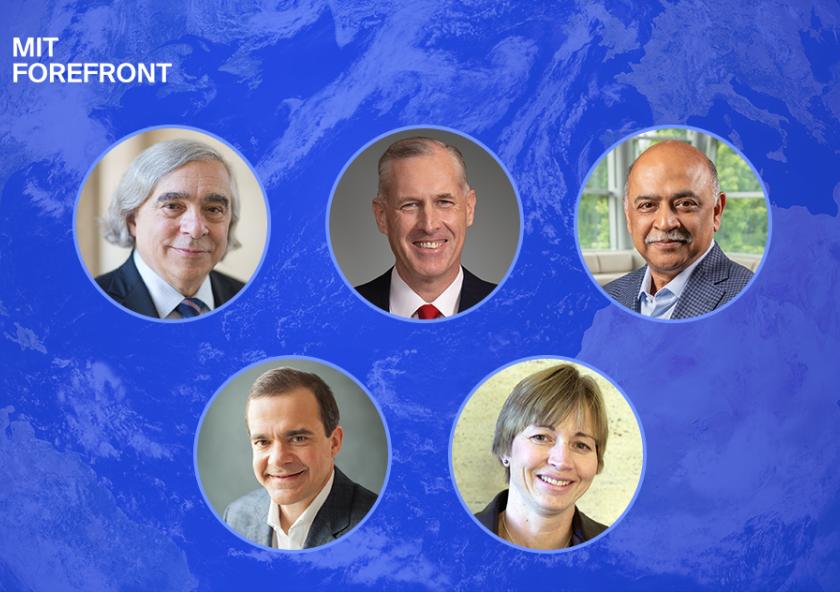 Event speakers included (clockwise from top left) Ernest Moniz, Jim Fitterling, Arvind Krishna, Maria Zuber, and Jeff Wilke.
Image courtesy of MIT Resource Development.
Event speakers included (clockwise from top left) Ernest Moniz, Jim Fitterling, Arvind Krishna, Maria Zuber, and Jeff Wilke.
Image courtesy of MIT Resource Development.
