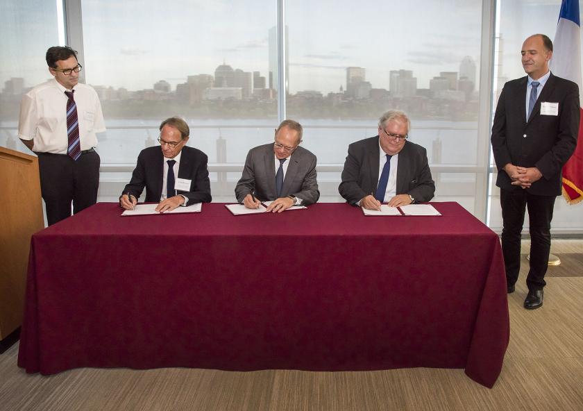 Left to right: MIT Professor Franz-Josef Ulm, Aix-Marseille University President Yvon Berland, MIT President L. Rafael Reif, French National Center for Scientific Research (CNRS) President Alain Fuchs, and CNRS research director and MIT senio...
