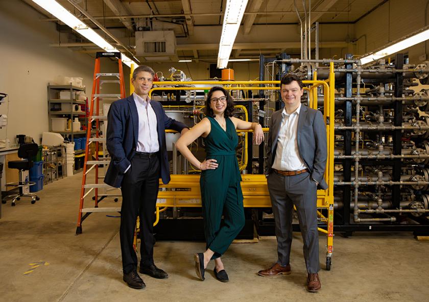 Shreya Dave PhD ’16 (center) co-founded Via Separations with Professor Jeffrey Grossman (left) and Brent Keller PhD ’16.
Photo courtesy of Shun Liang/Via Separations.
Shreya Dave PhD ’16 (center) co-founded Via Separations with Professor Jeffrey Grossman (left) and Brent Keller PhD ’16.
Photo courtesy of Shun Liang/Via Separations.