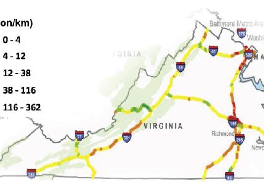 Roughness- and deflection-induced excess carbon dioxide emissions on Virginia’s Interstate Highway network in 2013