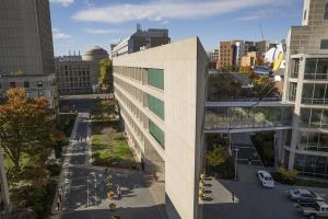 aerial image of of a lab/office building on MIT campus