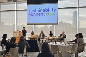 
              Director of Sustainability Julie Newman, Senior Campus Planner Vasso Mathes, Vice President for Campus Services and Stewardship Joe Higgins, Senior Sustainability Project Manager Steve Lanou, and PhD student Chenhan Shao share th...
