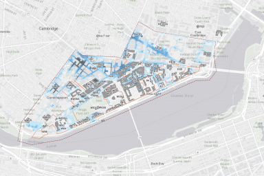 map of MIT with blue overlay to indicate potential flood depths