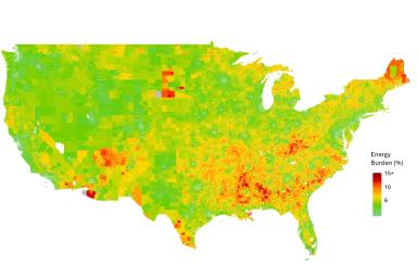 This map shows changes in the average energy burden for U.S. households from 2015 to 2020. Households experiencing an energy burden in costs greater than 6 percent of income are classified as energy-poor. Darker shades indicate higher energy burdens, and grey areas indicate census tracts where the estimates are unavailable.