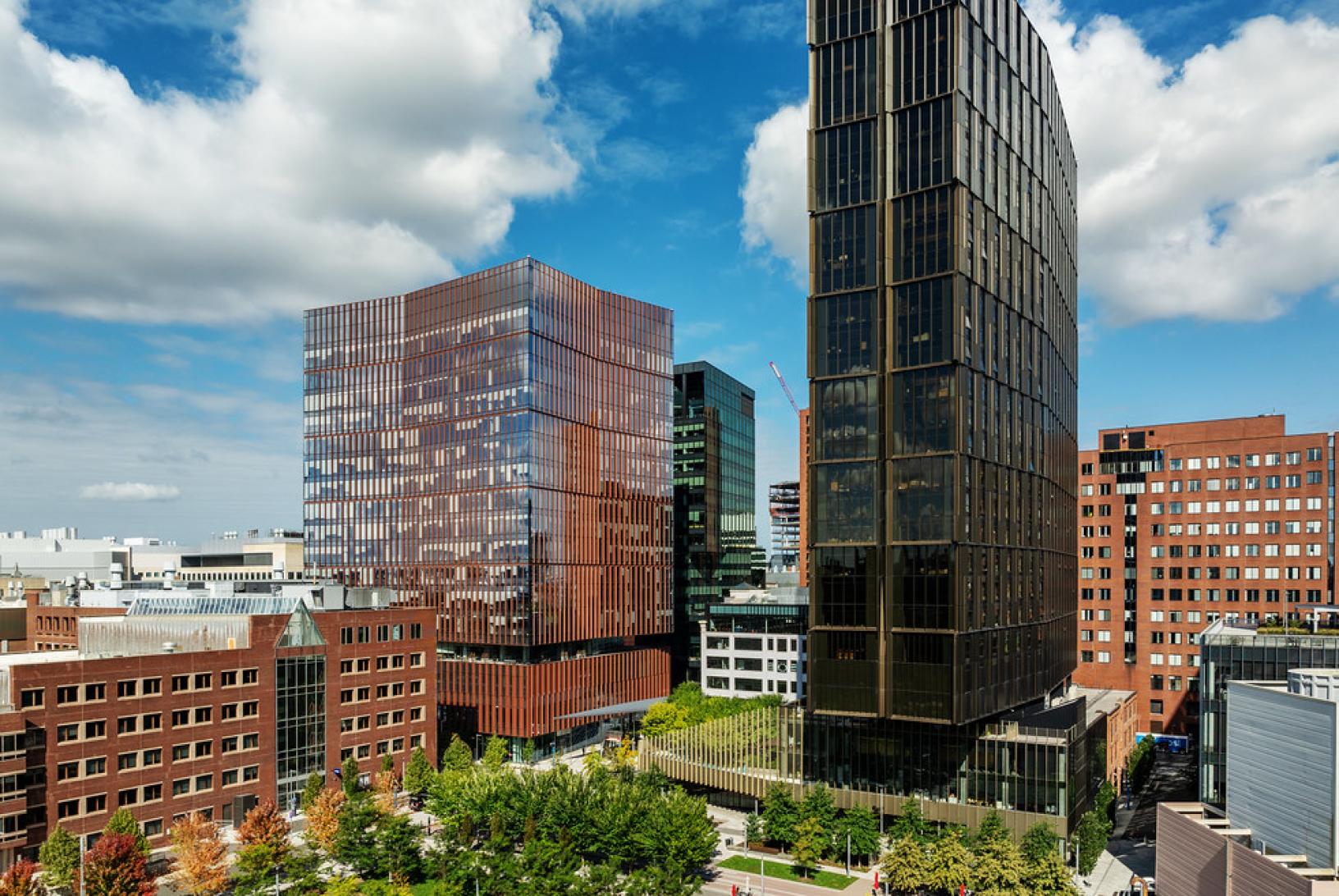 aerial image of kendall square with large buildings at center