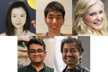 
              Top row, left to right:  Linzixuan (Rhoda) Zhang, James Zhang, and Katharina Fransen. Bottom row, left to right: Aditya Ghodgaonkar and Devashish Gokhale.
              Photo credits respectively: Erika Wang, James Plaut, Daw...