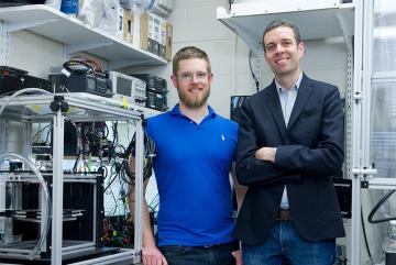 Associate Professor A. John Hart (right), doctoral student Adam Stevens SM ’15, and their colleagues have designed a 3-D printer that can deposit material 10 times faster than today’s desktop models can. The team has also developed a nove...