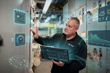 A man in a control room interacts with floating digital interfaces displaying calendar, temperature, weather, graphs, and AI data, conveying a futuristic tone.