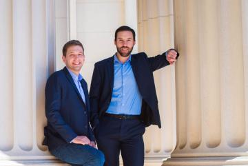 Matt Ellis PhD ’17 (left) and Sam Shaner SM ’14 PhD ’18 have designed a nuclear reactor that deploys a molten nitrate salt coolant that allows the reactor to reach higher operating temperatures than current water-cooled reactors.Photo...