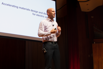 Brian Storey, director of accelerated materials design and discovery at Toyota Research Institute, speaks at the MIT MRL Materials Day Symposium.Photo: Denis Paiste/Materials Research Laboratory