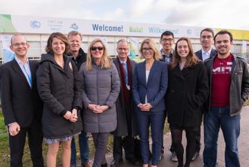 Members of the MIT delegation to the 2017 UN Climate Change Conference gather outside the venue in Bonn, Germany (l-r): Jonas Knapp, Laur Hesse Fisher, Michael Casey, Kathleen Kennedy, Thomas Malone, Jessika Trancik, Stephen Lee, Morgan Edwards, To...