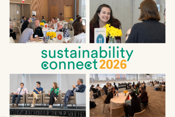 Collage of "Sustainability Connect 2026": panels, discussions, and attendees. Bright setting, engaging atmosphere, and focus on sustainability.