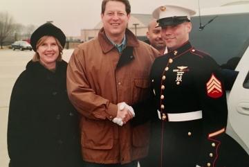 EAPS Assistant Professor Brent Minchew (right) with former Vice President Al Gore in 2001.  Photo courtesy of Brent Minchew