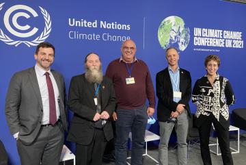 
              FACT Alliance members at COP26, left to right: Greg Sixt of J-WAFS, Pete Smith of the University of Aberdeen, Theo de Jager of the World Farmers Organization, John Furlow of Columbia University, and Diane Holdorf of the World Busines...