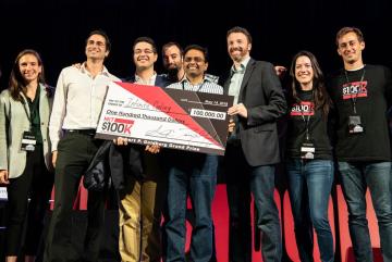 The grand prize winner at this year’s MIT $100K Entrepreneurship Competition was Infinite Cooling, which is developing a system that captures and recycles vaporized water from thermoelectric power plants. Pictured here are the four Infinit...