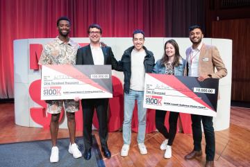 
              The founders of Active Surfaces, including (second from left) Richard Swartout and (far right) Shiv Bhakta, celebrate winning this year’s MIT $100K Entrepreneurship Competition (and the audience choice award) with summer intern...
