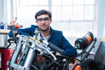 
              MIT graduate student Adi Mehrotra ’22 is working on sustainable solutions in vehicle design, including a hydrogen-powered motorcycle.
              Photo: Gretchen Ertl
      