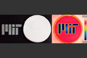 In the photo on the left, a disk of the new insulating material blocks and reflects visible light, hiding the MIT logo beneath it. But seen in infrared light, at right, the material is transparent and the logo is visible.