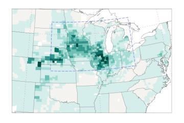 Maps depict the close correlation of crop production, rainfall and temperature in the U.S. Midwest in the last half of the 20th century. In this map, the number of bushels of corn produced are shown in shades of green.
Courtesy of researchers