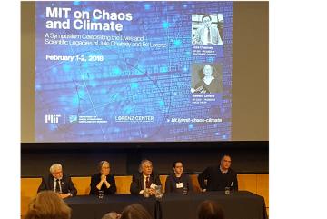 Robert van der Hilst moderates the symposium's day-two panel consisting of Sir Brian Hoskins, Inez Fung, Kerry Emanuel, Allison Wing and John Bush.Photo: Lauren Hinkel