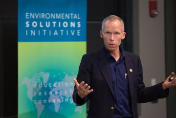 Johan Rockstrom speaks at the Environmental Solutions Initiative's first People and the Planet lecture of 2017. Photo: Casey Atkins