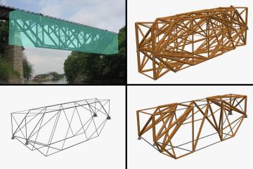 On top left is the Lockport truss bridge passing over the Erie Canal near Buffalo, New York. Researchers mimicked this structure, highlighted in teal blue, and created multiple timber-only designs (top left), steel-only designs (bottom left), and timber-steel designs.