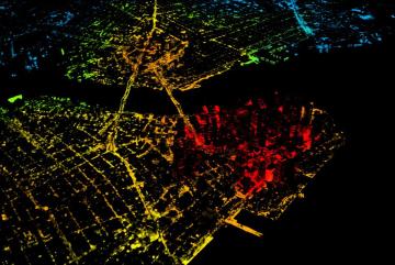 Nighttime image of New York City, with the red showing a large population density. “The adoption potential of electric vehicles is remarkably similar across cities, from dense urban areas like New York, to sprawling cities like Houston. This goe...
