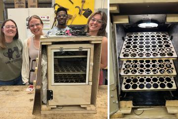 Students in the D-Lab course 2.651 / EC.711 designed an egg incubator system for rural poultry farmers in Cameroon. From left to right: Lilly Heilshorn, Maeve McGinnis, Jamel Merritt, and Gracie Goll.