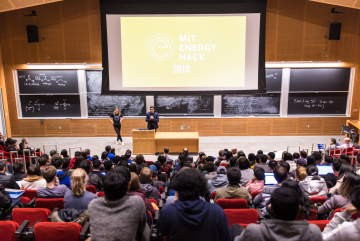 Students gather in the Stata Center to hear the 2019 MIT EnergyHack challenges. Participants had 36 hours to come up with a solution to the challenge they were assigned with their team members before presenting to company representatives, fello...