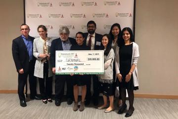 Judges and sponsors of the Rabobank-MIT Food and Agribusiness Innovation Prize pose with members of the winning team, Gramhal. Team members pictured include advisor Russell DeLucia (third from left); head of operations Simeen Kaleem (fourth fro...