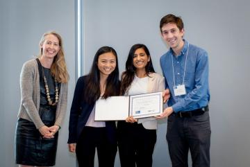 Kate Trimble (left), associate dean and senior director of the PKG Center, poses with the founders of Myco Diagnostics, (from left to right) Nhat Nguyen, Aditi Trehan, and Eric Miller.Credit: Rose Lincoln