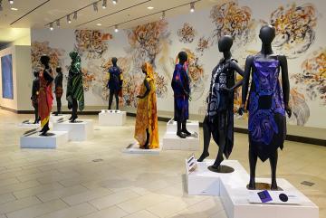 
              The Science Surfaces exhibition features student-designed fashion inspired by MIT biomedical research images.
              Photo courtesy of the Koch Institute.
      