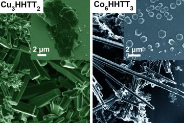 
              Researchers at MIT and other institutions have found a way to stabilize the growth of crystals of several kinds of metal organic frameworks, or MOFs. This image shows two scanning electron microscopy (SEM) micrographs of Cu3HHTT2 an...