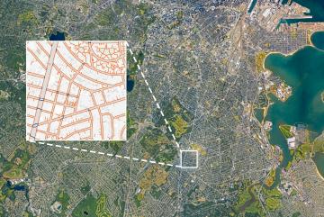
              MIT researchers have built TILE2NET, an open-source tool that uses aerial imagery and image-recognition to create complete maps of sidewalks and crosswalks. Pictured is a view of Boston with an inset showing how the model detecte...