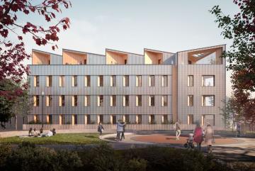 Architect's rendering shows the new mass-timber residential building that will soon begin construction in Boston's Roxbury neighborhood.Images: Generate Architecture and Technologies