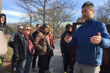 A group of MIT students and community members join Boston University professor Nathan Phillips, right, on a gas leak safari.Photo: Alison F. Takemura