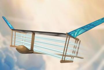 A new MIT plane is propelled via ionic wind. Batteries in the fuselage (tan compartment in front of plane) supply voltage to electrodes (blue/white horizontal lines) strung along the length of the plane, generating a wind of ions that propels th...