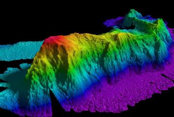 A map of a seamount in the Arctic Ocean created by gathering data with a multibeam echo sounder. Researchers have found that such topographic features can trap deep waters and produce turbulence.Image courtesy of National Oceanic and Atmospheri...