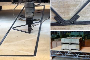 On left, the MIT HAUS large format 3D printer system deposits the first layer of a polymer composite 3D printed floor truss. A closeup of a notched joint is seen on right, and the assembled floor system undergoing a bending test with a ~2,000lb concrete block load in the center. 