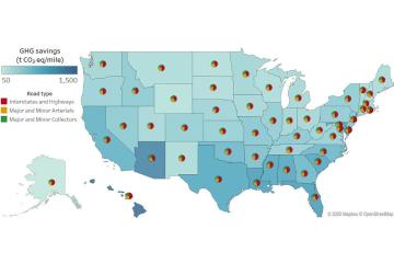 
              Map shows the potential reductions in overall greenhouse gas emissions from the transportation sector, state by state, that could be achieved by policies emphasizing the use of stiffer road surfaces. The greatest potential gains ar...