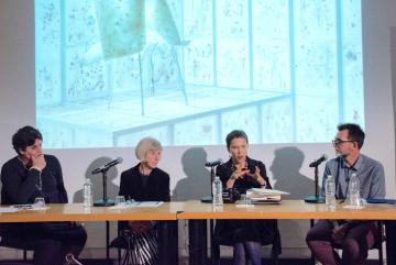 Left to right: Rania Ghosn, Rosalind Williams, and Caroline Jones joined guest lecturer Imre Szeman for a panel discussion after his talk on ways to shift from “petroculture.”Photo: Deirdre Carson/MIT Energy Initiative
