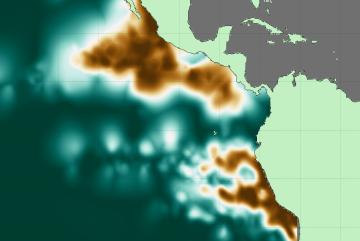 
              Oxygen deficient zone intensity across the eastern Pacific Ocean, where copper colors represent the locations of consistently lowest oxygen concentrations and deep teal indicates regions without sufficiently low dissolved oxygen.
   ...