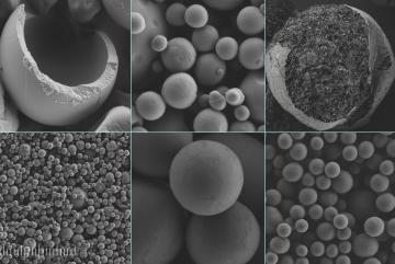 
              These scanning electron microscope images show silk-coated microcapsules containing vitamin C, at different scales of detail. On the left, and top center, samples made by spray drying, a method already widely used in industry. On th...