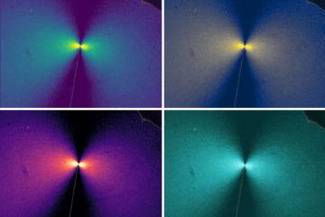 Researchers used a new visual technique to measure stress in a material as a dendrite crack grows. Here, the four graphs have the same data with different color schemes. Brighter colors correspond to higher stress, and a bowtie-shaped pattern can be seen at the crack tip.