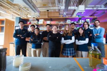 
              Students from Malden Catholic High School worked with MIT chemical engineer Ariel Furst to create electrodes for low-cost microbial fuel cells. Left to right: Chengxiang "Eric" Lou, Christian Ogata, Angelina Ang, Phuc "Vincent...